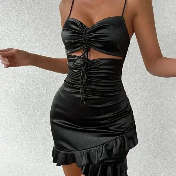 Black PReppy Womens Hollow Out Drawstring Detail Cami Dress - Picture 4 of 6